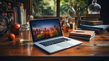 Open laptop on the desk in the office, Workflow on the computer, Coffee and other personal items on the desk, Generate Aiの素材