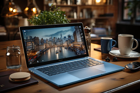 Open laptop on the desk in the office, Workflow on the computer, Coffee and other personal items on the desk, Generate Aiの素材