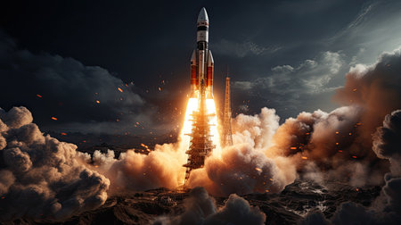 Rocket starts into space, Travel to Mars, New space rocket lift off. Space shuttle with smoke and blast takes off into space, Concept, generative Aiの素材