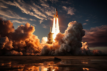 Rocket starts into space, Travel to Mars, New space rocket lift off. Space shuttle with smoke and blast takes off into space, Concept, generative Aiの素材