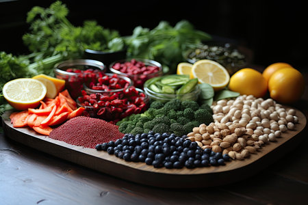 Round bowl with various berries, nuts, greens, fruits and vegetables, on wooden table, Perfect for food and drink projects. Wellbeing and healthy eating. Generative AIの素材