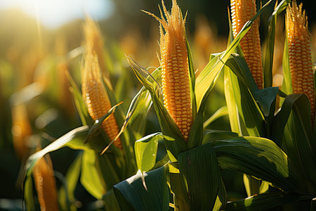 Large corn field with ripe corn cobs at sunset, agricultural landscape, Generative AIの素材