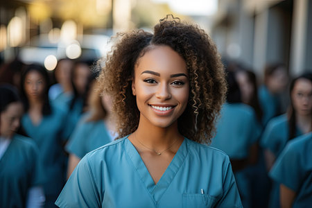 Portrait happy doctor or nurse at hospital corridor, Young beautiful successful female doctor, portrait with copy space, Generative AIの素材
