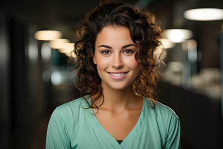 Portrait happy doctor or nurse at hospital corridor, Young beautiful successful female doctor, portrait with copy space, Generative AIの素材
