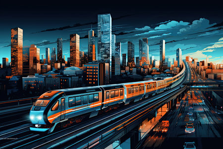 City train or commuter train, High speed train in motion on the railway station at sunset. Fast moving modern passenger train on railway platform. Generative aiの素材