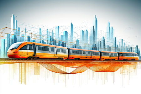 City train or commuter train, High speed train in motion on the railway station at sunset. Fast moving modern passenger train on railway platform. Generative aiの素材