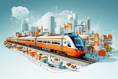 City train or commuter train, High speed train in motion on the railway station at sunset. Fast moving modern passenger train on railway platform. Generative aiの素材