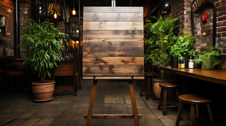 White blank poster on a wooden stand in the office with plants, copy space, Generative AIの素材