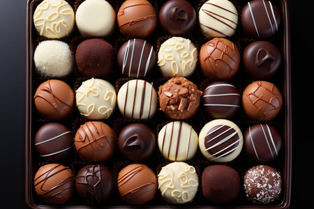 Box of chocolates, different chocolates, Valentine's gift, taken from above, Generative aiの素材