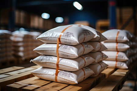 White bag rice or grits storage barn, Close-up of a warehouse with bulk rice or sugar bags in a distribution center, bulk rice procurement, production and transportation of rice, AIの素材