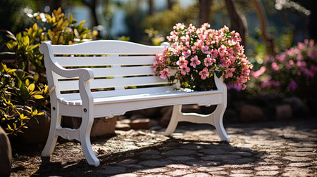 Close-up of empty white garden bench in garden in summer surrounded by blooming plants and flowers. Exterior of garden plot, background for furniture store, copy space, Generative aiの素材