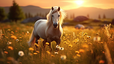 beautiful horse running fast through a meadow close-up, Generative AIの素材