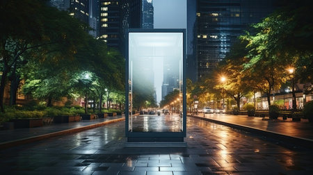 Blank white vertical digital billboard poster on city street bus stop at night, blurred urban background with skyscraper, mockup for advertisement, marketing. AI generative.の素材