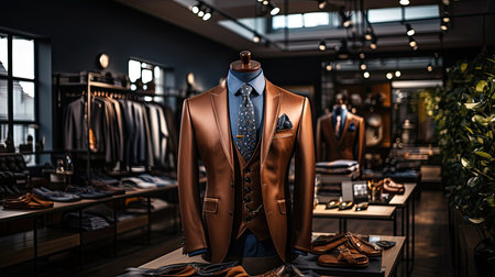 Classic Suit in a Clothing Store. Luxury banner for an expensive men's clothing and office suits store, Generative AIの素材