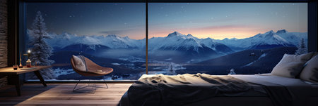 beautiful and cozy place in the hotel with a view of the winter, snowy mountains, Generative AIの素材