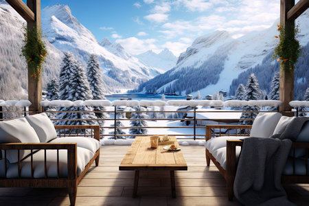 beautiful and cozy place in the hotel with a view of the winter, snowy mountains, Generative AIの素材