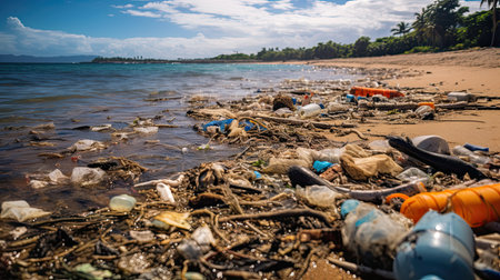 Ocean Dumping Total pollution on a Tropical beach, Plastic plastic debris on the beach and sea or ocean, Environmental pollution. Ecological problem, Generative AIの素材