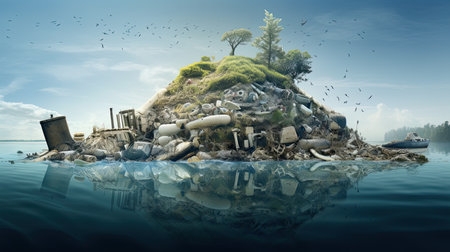 Ocean Dumping Total pollution on a Tropical beach, Plastic plastic debris on the beach and sea or ocean, Environmental pollution. Ecological problem, Generative AIの素材