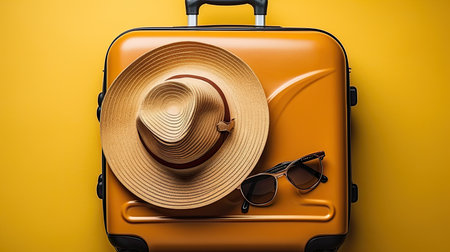 Stylish yellow suitcase with hat and sun glasses on yellow background, beautiful yellow background Close up composition of travel concept, travel background, luggage of one suitcase, Generative AIの素材