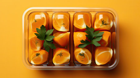 Many lunchboxes with different delicious food on yellow background, Many containers with delicious food, view from above, Generative AIの素材