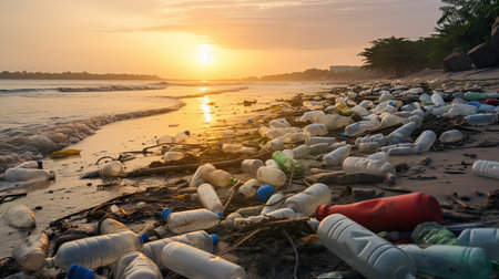 Ocean Dumping Total pollution on a Tropical beach, Plastic plastic debris on the beach and sea or ocean, Environmental pollution. Ecological problem, Generative AIの素材