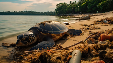 Ocean Dumping Total pollution on a Tropical beach, Plastic plastic debris on the beach and sea or ocean, Environmental pollution. Ecological problem, Generative AIの素材