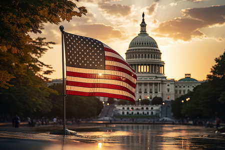 American flag against the background of the White House in Washington DC, Symbol of the United States of America. Patriotism of the United States of America, Generative AIの素材