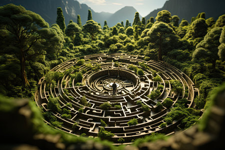Fantastic forest with a huge green labyrinth inside. Green maze in forest jungle, Generative AIの素材