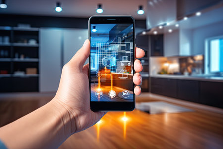 Smart home setup Control from your phone or tablet. A modern living space equipped with smart home devices like smart lights, TV and voice - controlled assistants. AI generativeの素材