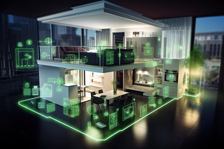 smart home setup. A modern living space equipped with smart home devices like smart lights, TV and voice - controlled assistants. Smart home interior with augmented reality. AI generative.の素材