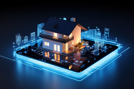 smart home setup. A modern living space equipped with smart home devices like smart lights, TV and voice - controlled assistants. Smart home interior with augmented reality. AI generative.の素材