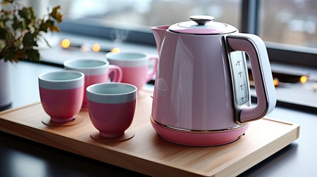 Electric kettle and mugs with poured tea stand on a modern wooden table in a cozy room. Household appliances for making hot drinks. AI generativeの素材