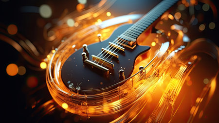 Colorful retro abstraction of musical instruments, modern and abstract multicolor music background with fluid structure, violin and guitar, generative aiの素材