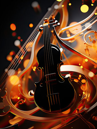 Colorful retro abstraction of musical instruments, modern and abstract multicolor music background with fluid structure, violin and guitar, generative aiの素材