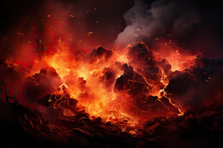 large volcanic eruption with a large release of smoke and ash close-up, natural disaster, Generative AIの素材