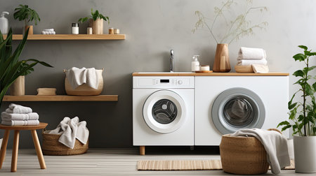 Modern washing machine in a contemporary bathroom. Laundry room interior with modern washing machine near light wall. Generative AIの素材