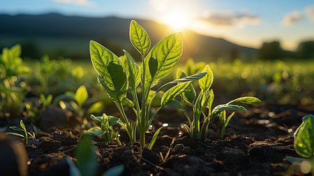 Close up rows of young corn shoots on organic cornfield of black soil. Green rows of sprouted corn on a private agricultural field. Generative AIの素材