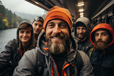 selfie of a group of people with a catch after a successful fishing trip. In the photo, people are smiling and emotions and an atmosphere of satisfaction are conveyed, Generative AIの素材