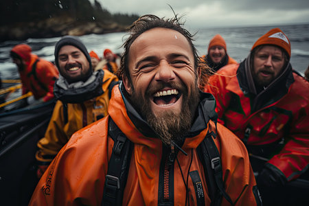 selfie of a group of people with a catch after a successful fishing trip. In the photo, people are smiling and emotions and an atmosphere of satisfaction are conveyed, Generative AIの素材
