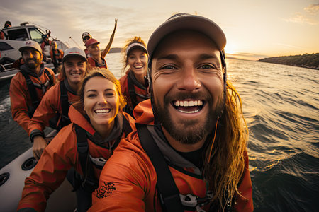 selfie of a group of people with a catch after a successful fishing trip. In the photo, people are smiling and emotions and an atmosphere of satisfaction are conveyed, Generative AIの素材