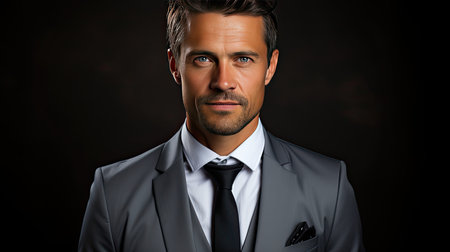 Business man in a suit on a gray background, Generative AIの素材