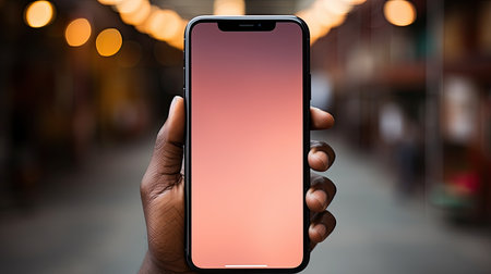 Caucasian man holding phone on a color of 2024 peach fuzz, blank screen mockup, Vertical orientation, Generative AIの素材