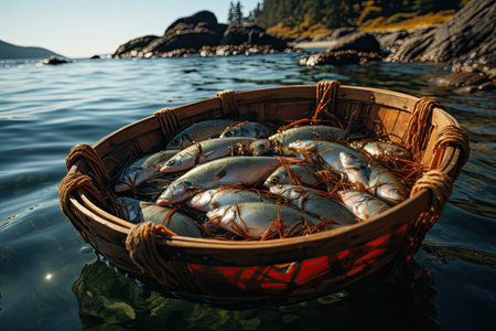 A full basket with a catch of fish with a variety of fish on the seashore, Generative AIの素材