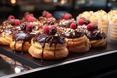 Display with fresh pastries and desserts in the supermarket, customers selecting sweets, Generative AIの素材