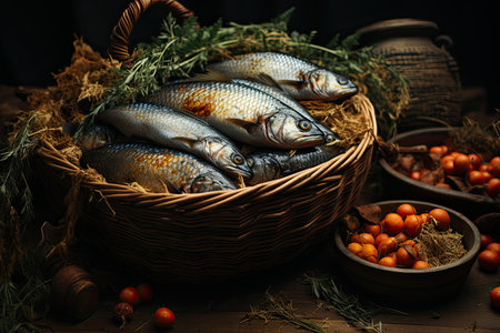 A full basket with a catch of fish with a variety of fish on the seashore, Generative AIの素材