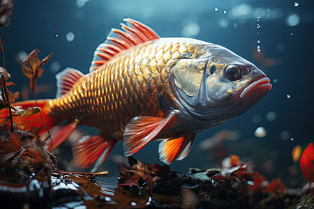 Fish jump to the surface of the river in the middle of the river. Crucian carp on the water surface. Pay attention to the details and colors, Generative AIの素材