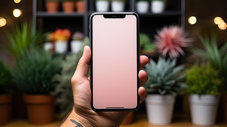 Caucasian man holding phone on a color of 2024 peach fuzz, blank screen mockup, Vertical orientation, Generative AIの素材