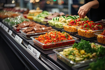 Ready to eat dishes and snacks in the supermarket display cases, customers choosing lunches, Generative AIの素材