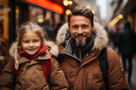 Happy family with shopping bags exiting the supermarket close-up, with the store's logo visible in the background, Generative AIの素材