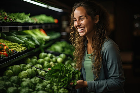 Attractive young woman looking at vegetables. A woman is shopping in a produce section of a grocery store, woman selecting fruits and vegetables in the bright light of the supermarket, Generative AIの素材